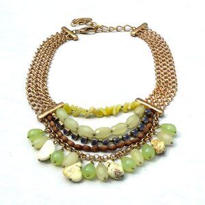 Chico's Women's Gold Link Chain Necklace with Green Gemstones and Wooden Beads